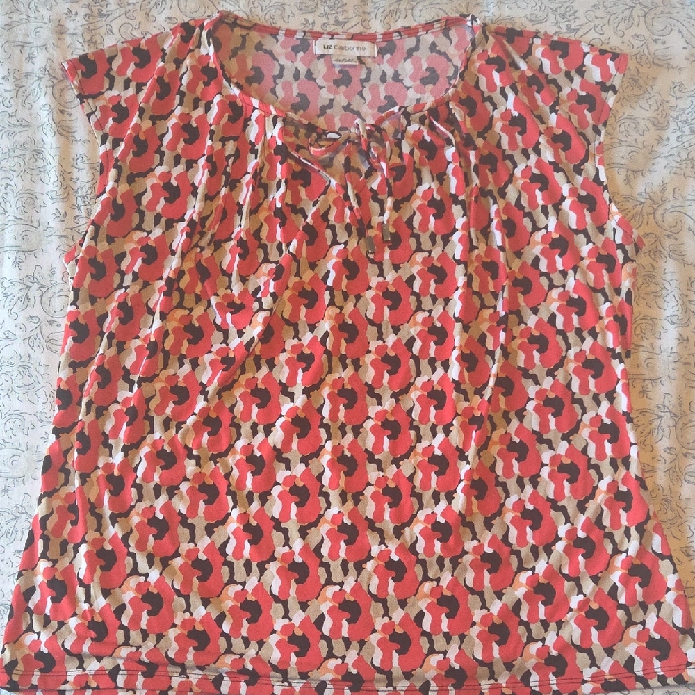 Liz Claiborne Coral, Black & Cream Abstract Floral Cap Sleeve Top